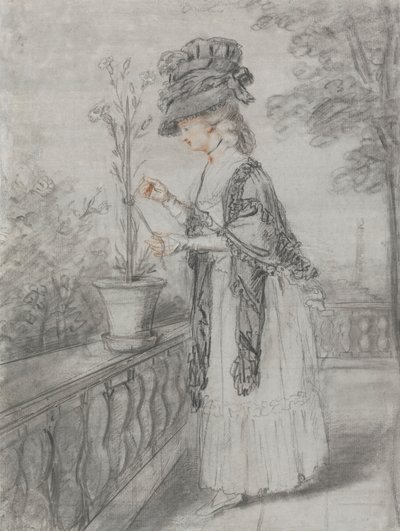 Signora su una terrazza che cura una pianta di garofano da John Raphael Smith