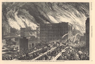 Chicago in fiamme - la corsa per la vita sul ponte di Randolph Street, illustrazione da Harper