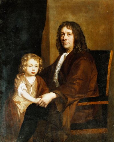 Ritratto di Thomas Rowe e suo figlio, seduti a tre quarti di lunghezza, il primo in un abito marrone, il secondo in un vestito e mantello marrone da John Riley