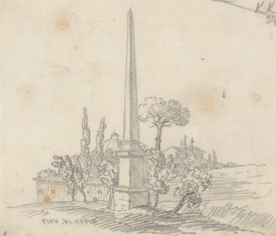 Un obelisco con tetti e alberi in lontananza da John Robert Cozens