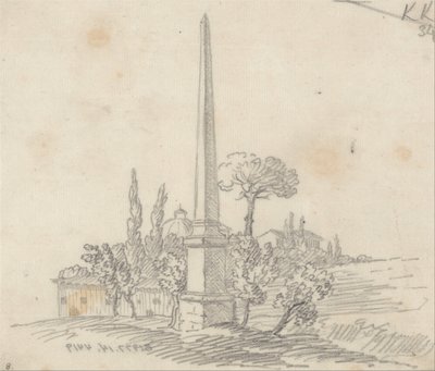 Un obelisco con tetti e alberi in lontananza da John Robert Cozens