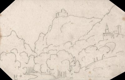 Vista sulle montagne con edifici da John Robert Cozens