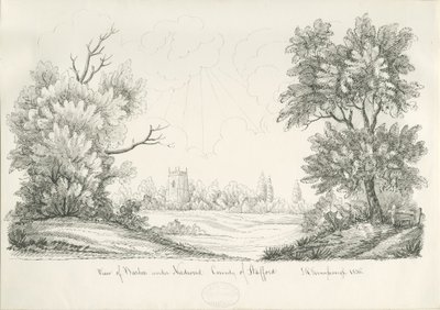 Villaggio di Barton under Needwood (disegno a penna e inchiostro, 1836) da John Robert Fernyhough