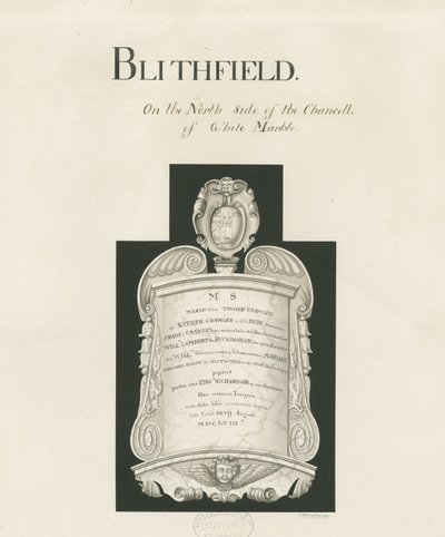 Tavoletta nella Chiesa di Blithfield - Mary Crawley: disegno a seppia da John Robert Fernyhough