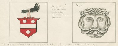 Chiesa di Uttoxeter - Testa scolpita: disegno a penna e lavaggio, nd [?metà XIX sec] da John Robert Fernyhough