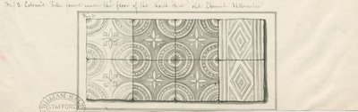 Chiesa di Uttoxeter - Piastrelle colorate trovate sotto il pavimento del corridoio nord: disegno a penna e acquerello, nd [?metà 19° sec] da John Robert Fernyhough