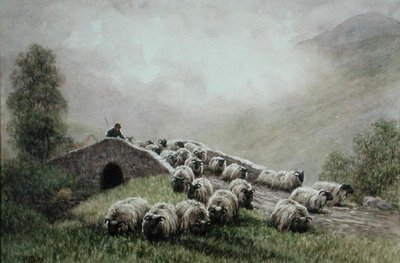 Ponte delle Highlands con pastore e gregge da John Robert Keitley Duff