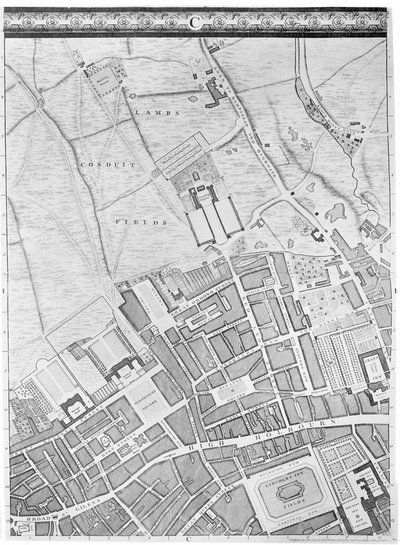 Mappa di Bloomsbury e Holborn, Londra, 1746 da John Rocque