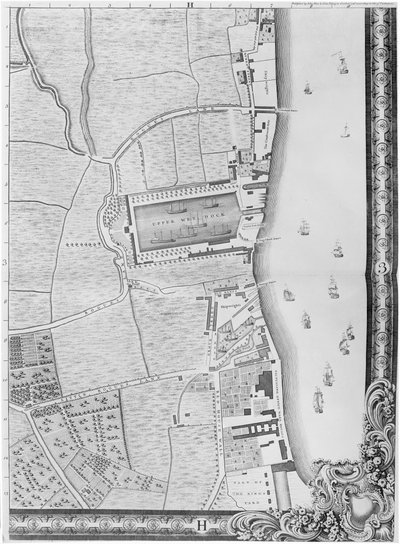 Mappa dei Docks di Lower Rotherhithe, Londra, 1746 (incisione) da John Rocque