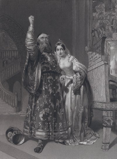 Marino Faliero, Doge di Venezia, minacciando vendetta per la diffamazione di sua moglie, Aluycia Gradenigo da John Rogers (after) Herbert
