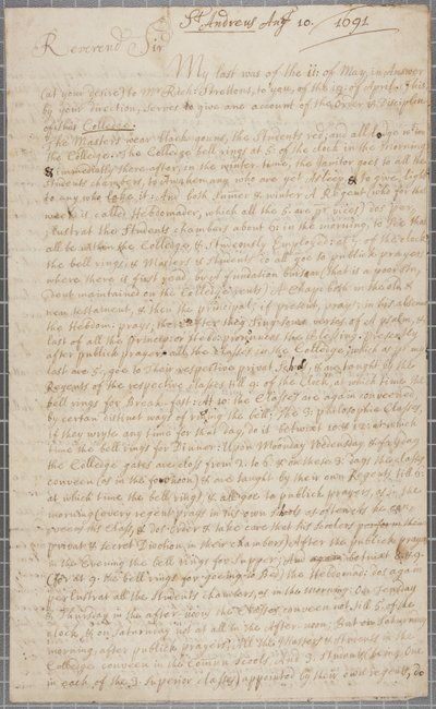 Lettera di John Row, studente a St Andrews, a suo zio, 1691 da John Row