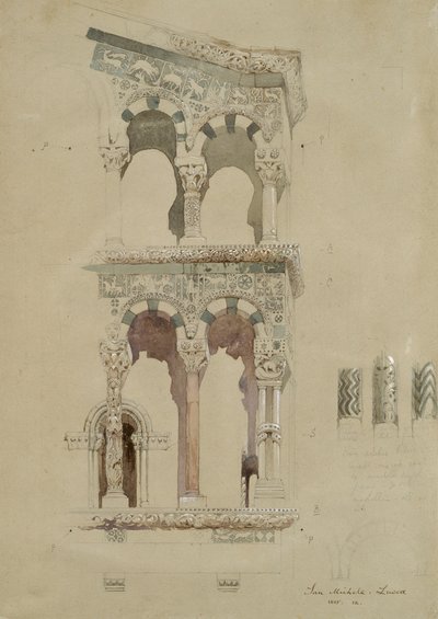 Parte della facciata della chiesa distrutta di San Michele in Foro, Lucca, come appariva nel 1845 da John Ruskin
