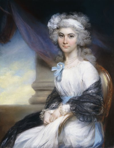 Ritratto di Miss Sophia Vansittart, a tre quarti di lunghezza, con un vestito bianco con un nastro bianco tra i capelli incipriati e uno scialle nero drappeggiato sulle spalle, seduta accanto a una colonna classica da John Russell