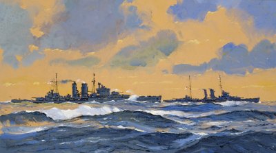 Gli incrociatori britannici HMS Exeter e HMS York (gouache su carta) da John S. Smith