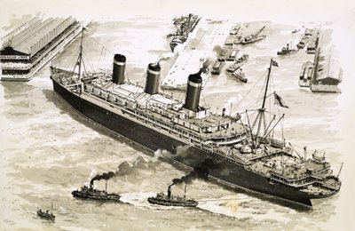 Il piroscafo Leviathan viene spinto dai rimorchiatori verso il molo del porto di New York. da John S. Smith