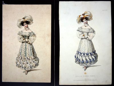 Schizzo e stampa di una tavola di moda, c.1829 da John Samuel Agar