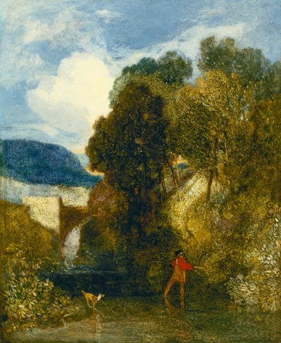 Paesaggio fluviale con un pescatore e il suo cane da John Sell Cotman