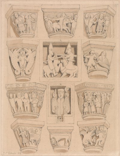 Capitelli e bassorilievi A & B nella chiesa abbaziale di Saint Georges de Bocherville, vicino a Rouen, Normandia da John Sell Cotman