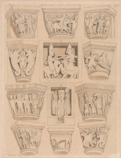 Capitelli e Bassorilievi A & B nella Chiesa Abbaziale di Saint Georges de Bocherville, vicino a Rouen, Normandia da John Sell Cotman