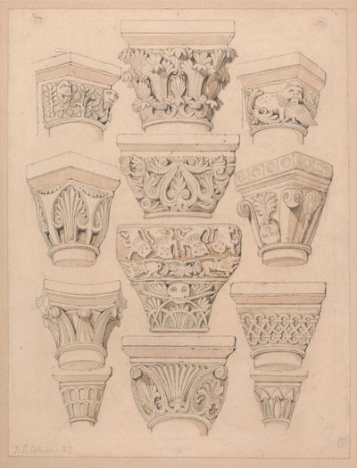 Capitelli della chiesa abbaziale di St. Georges de Bocherville, vicino a Rouen, in Normandia da John Sell Cotman
