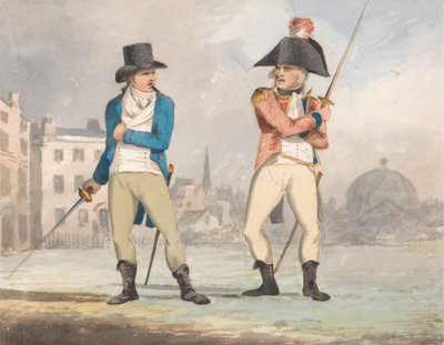 Caricatura di due uomini con spade sguainate (una di un set di tre) da John Sell Cotman
