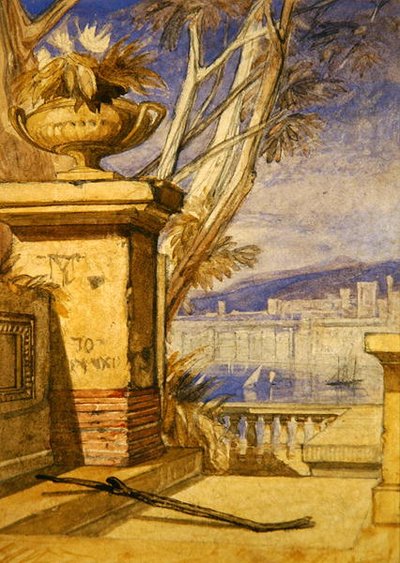 Paesaggio classico con urna: un disegno per un frontespizio da John Sell Cotman