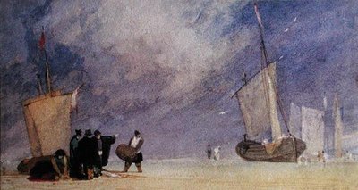 Figure sulla riva che scaricano una barca con la bassa marea da John Sell Cotman