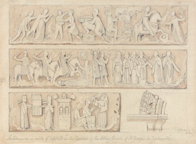 Scultura su una Serie di Capitelli nei Chiostri della Chiesa Abbaziale di Saint Georges de Bocherville, vicino a Rouen, Normandia da John Sell Cotman