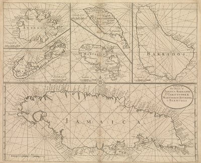 Carta della Giamaica, Barbados, St Christopher, Martinica, Antigua e Bermuda da John Seller