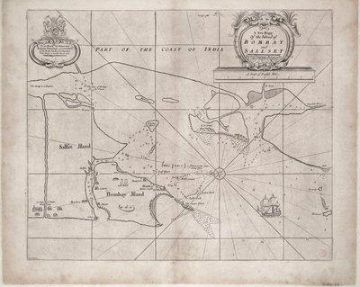 Mappa di Bombay e Sallset di Samuel Thornton, idrografo della Compagnia delle Indie Orientali, pubblicata per la prima volta circa 1685 da John Seller