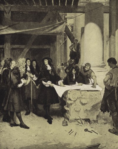Re Carlo II visita Sir Christopher Wren durante la costruzione della Cattedrale di San Paolo, fine XVII secolo da John Seymour (after) Lucas
