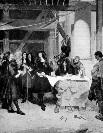 Carlo II visita Sir Christopher Wren durante la costruzione della Cattedrale di San Paolo, Londra, 1909 da John Seymour Lucas