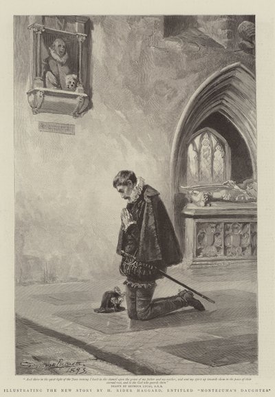 Illustrazione della nuova storia di H Rider Haggard, intitolata La figlia di Montezuma da John Seymour Lucas