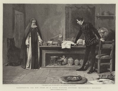 Illustrazione della nuova storia di H Rider Haggard, intitolata La figlia di Montezuma da John Seymour Lucas
