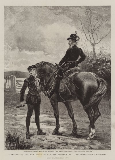 Illustrazione della nuova storia di H Rider Haggard, intitolata La figlia di Montezuma da John Seymour Lucas