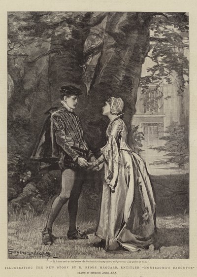 Illustrazione della nuova storia di H Rider Haggard, intitolata La figlia di Montezuma da John Seymour Lucas