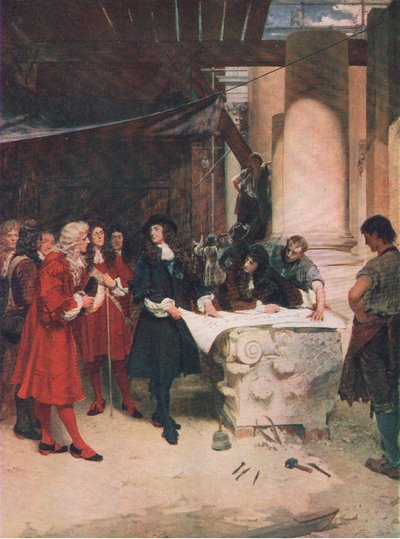 Visita di Re Carlo a Wren durante la costruzione di St Pauls, illustrazione da The History of the British People pubblicata da Waverley, c.1940 da John Seymour Lucas