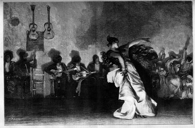 El Jaleo - Danze gitane. Chitarristi e ballerina di flamenco. Incisione dal dipinto di John Singer Sargent (1856-1925) in 