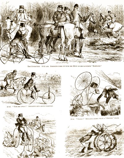 Un cartone che raffigura un uomo che caccia su un triciclo. Illustrato da John Tenniel (1820-1914) un illustratore inglese, umorista grafico e vignettista politico da John Tenniel