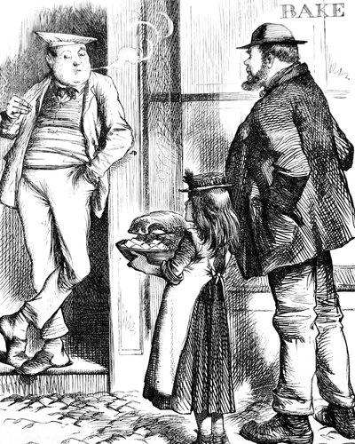 Un padre e una figlia che portano cibo da arrostire al fornaio locale per essere cucinato da John Tenniel