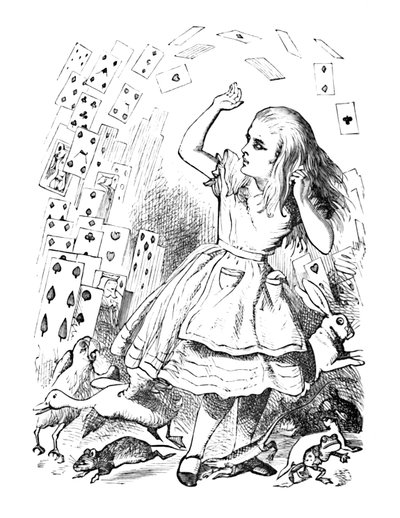 Un mazzo di carte che vola sopra Alice da John Tenniel
