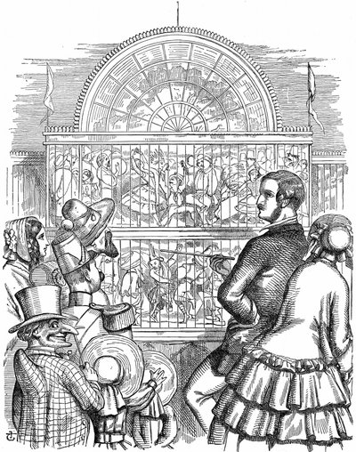 Alberto, principe consorte della regina Vittoria, che mostra il Crystal Palace e la Grande Esposizione a Hyde Park, Londra. Caricatura di John Tenniel da Punch, Londra, 1851. Incisione su legno da John Tenniel