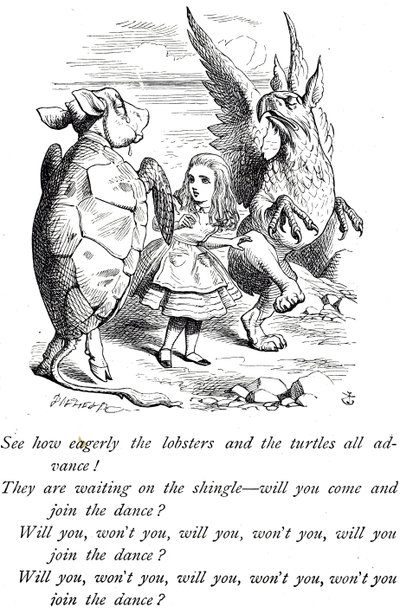 Alice, Finta Tartaruga e Grifone da Le avventure di Alice nel Paese delle Meraviglie da John Tenniel