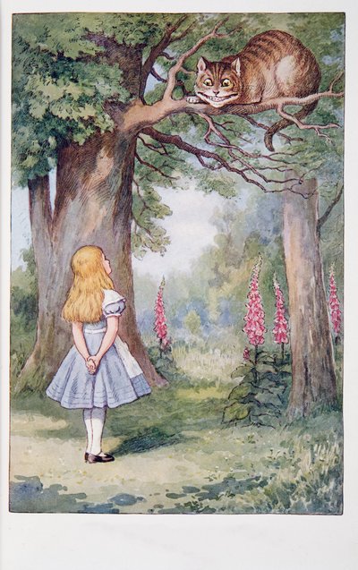 Alice e il gatto del Cheshire, Le avventure di Alice nel Paese delle Meraviglie e Attraverso lo specchio e quel che Alice vi trovò, di Lewis Carroll (1832 - 98), pubblicato nel 1911 (litografia colorata) da John Tenniel