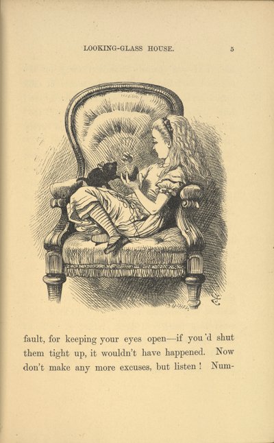 Alice seduta su una sedia che gioca con un gattino da John Tenniel