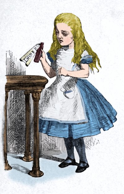 Alice che guarda la bottiglia con il cartello bevi mi, 1889 da John Tenniel