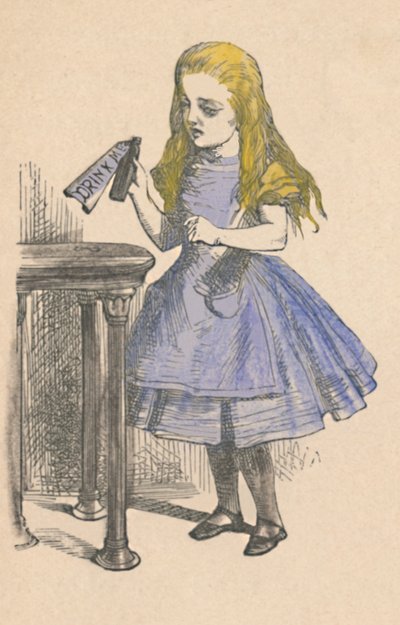 Alice guarda la bottiglia con il cartello bevi me, 1889 da John Tenniel