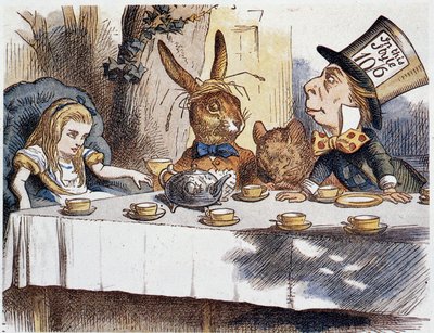 Alice prende il tè con i matti - in "Le avventure di Alice nel Paese delle Meraviglie e attraverso lo specchio" di Lewis Carroll, illustrazione di John Tenniel (1820-1914) da John Tenniel