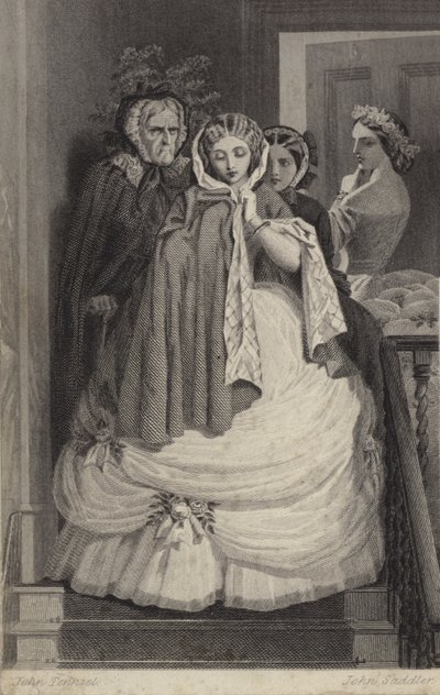 Bella ragazza, vestita per la festa, scende le scale da John Tenniel