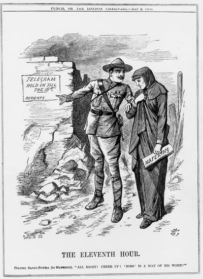 Guerra boera: Baden Powell incoraggia Mafeking a resistere. Lord Roberts promise di liberarli entro il 18 maggio. Vignetta di John Tenniel da Punch, 9 maggio 1900. da John Tenniel